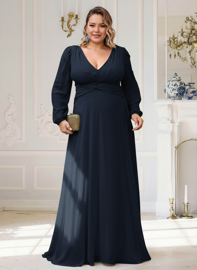 Elegant V-Neck Long Sleeves A-Line Floor-Length Chiffon Mother Of The Bride Dresses