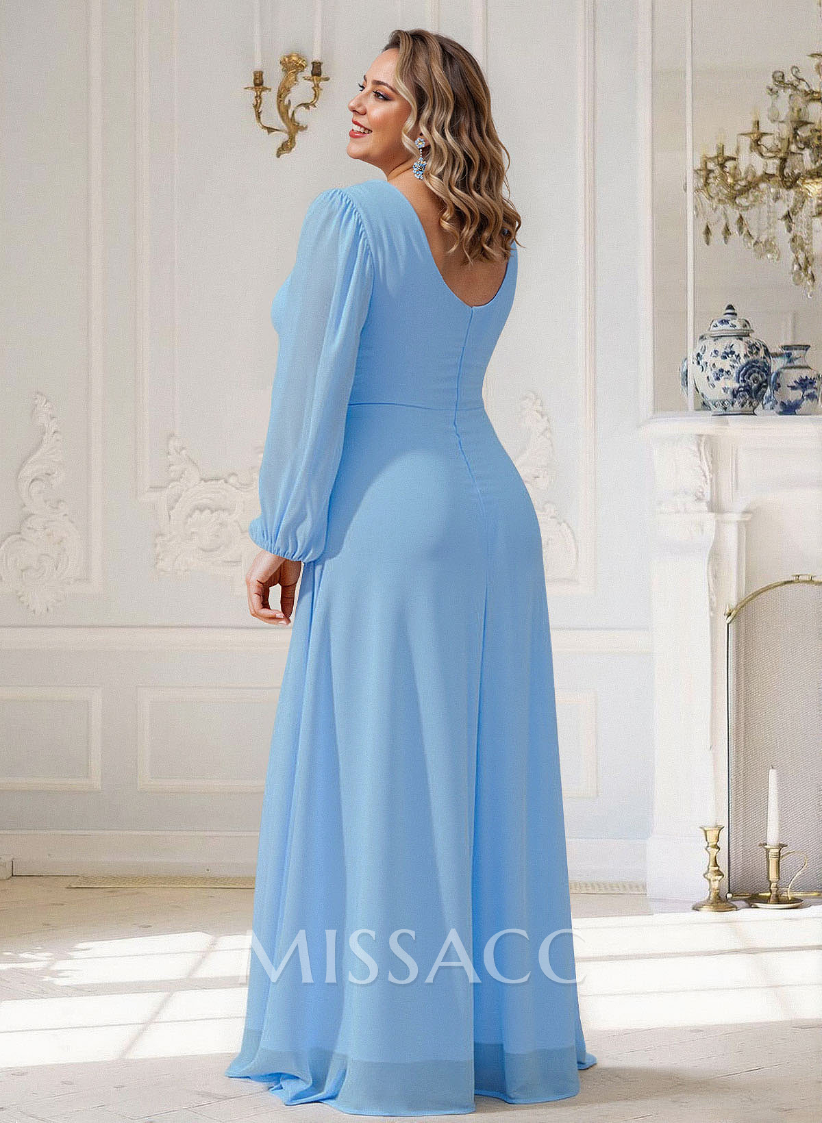Elegant V-Neck Long Sleeves A-Line Floor-Length Chiffon Mother Of The Bride Dresses