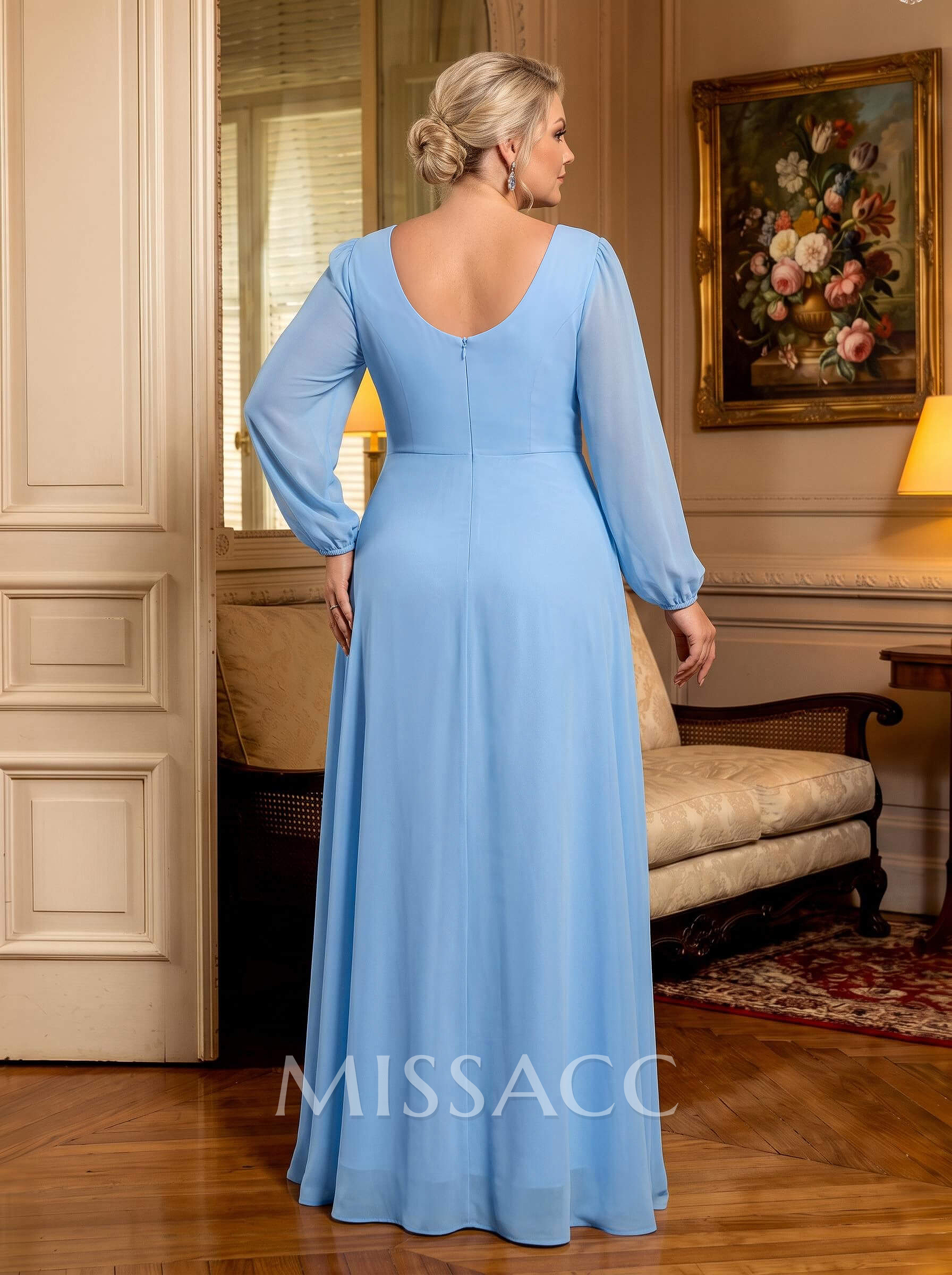 Elegant V-Neck Long Sleeves A-Line Floor-Length Chiffon Mother Of The Bride Dresses