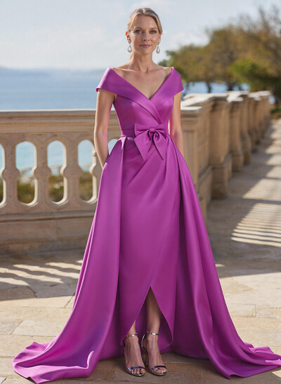 Elegant Off-The-Shoulder Sleeveless Detachable Satin Evening Dresses With Bow(s)