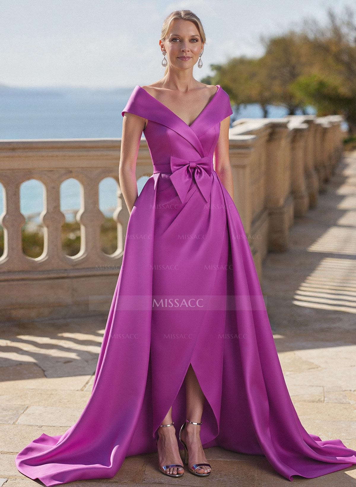 Elegant Off-The-Shoulder Sleeveless Detachable Satin Mother Of The Bride Dresses With Bow(s)