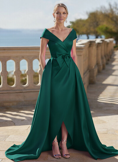 Elegant Off-The-Shoulder Sleeveless Detachable Satin Mother Of The Bride Dresses With Bow(s)