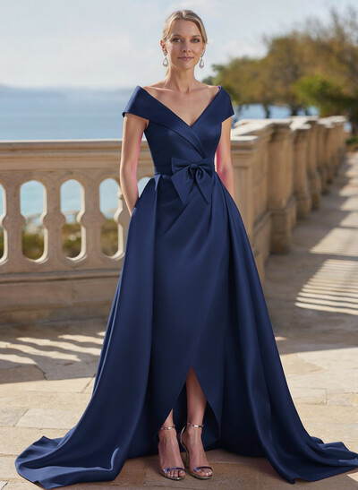 Elegant Off-The-Shoulder Sleeveless Detachable Satin Mother Of The Bride Dresses With Bow(s)