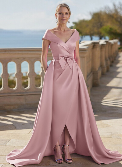 Elegant Off-The-Shoulder Sleeveless Detachable Satin Mother Of The Bride Dresses With Bow(s)