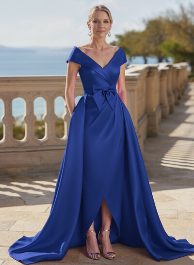 Elegant Off-The-Shoulder Sleeveless Detachable Satin Mother Of The Bride Dresses With Bow(s)