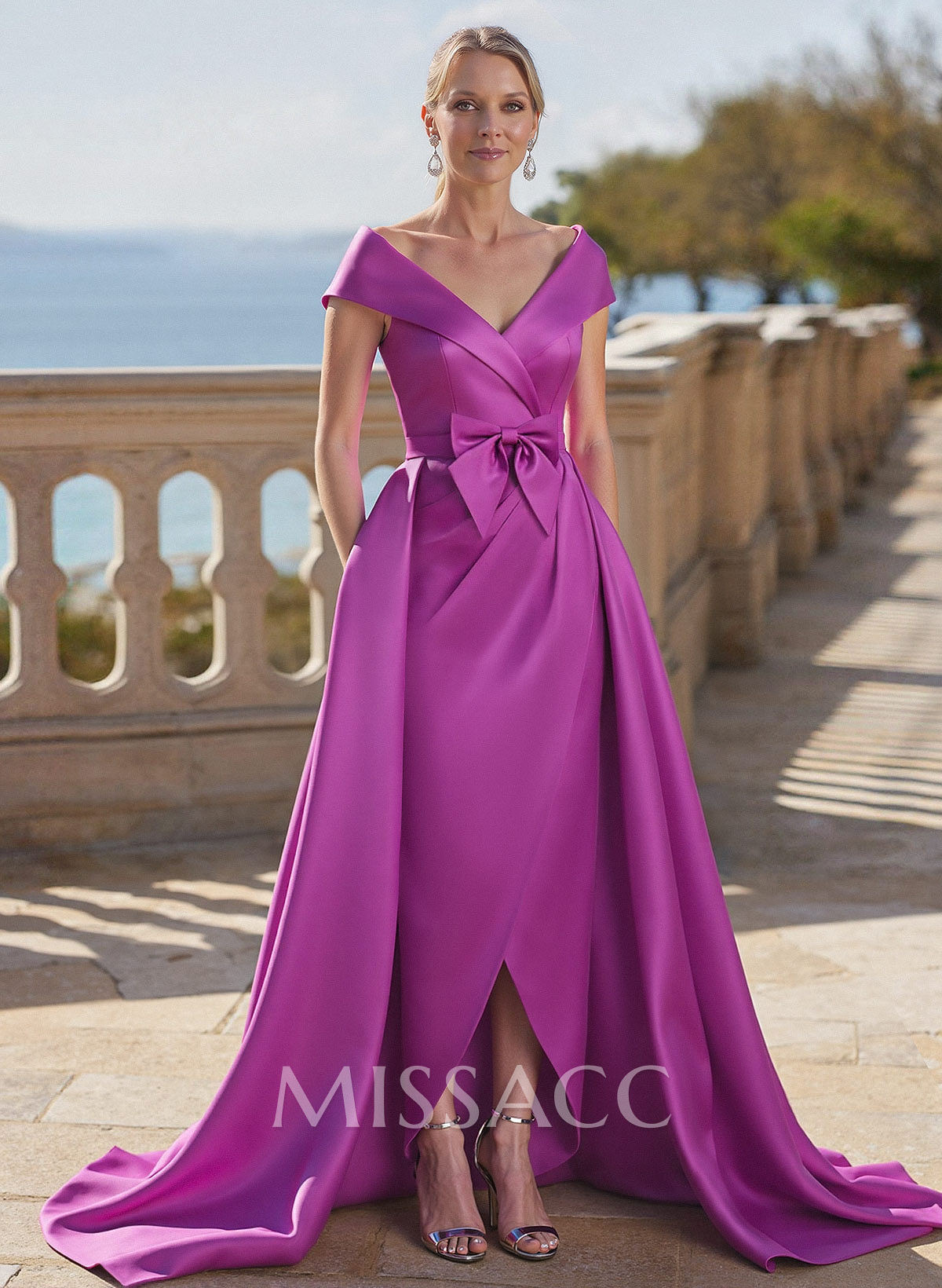 Elegant Off-The-Shoulder Sleeveless Detachable Satin Mother Of The Bride Dresses With Bow(s)