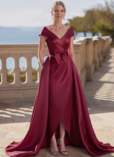 Elegant Off-The-Shoulder Sleeveless Detachable Satin Mother Of The Bride Dresses With Bow(s)