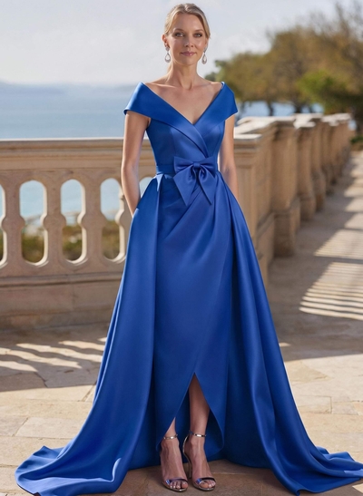 Elegant Off-The-Shoulder Sleeveless Detachable Satin Mother Of The Bride Dresses With Bow(s)