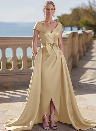 Elegant Off-The-Shoulder Sleeveless Detachable Satin Mother Of The Bride Dresses With Bow(s)