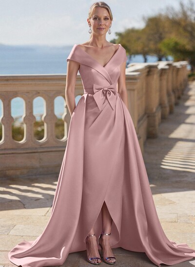 Elegant Off-The-Shoulder Sleeveless Detachable Satin Mother Of The Bride Dresses With Bow(s)