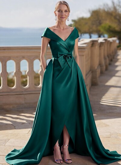 Elegant Off-The-Shoulder Sleeveless Detachable Satin Mother Of The Bride Dresses With Bow(s)