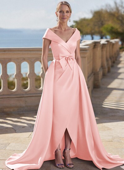 Elegant Off-The-Shoulder Sleeveless Detachable Satin Mother Of The Bride Dresses With Bow(s)