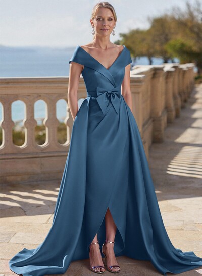 Elegant Off-The-Shoulder Sleeveless Detachable Satin Mother Of The Bride Dresses With Bow(s)