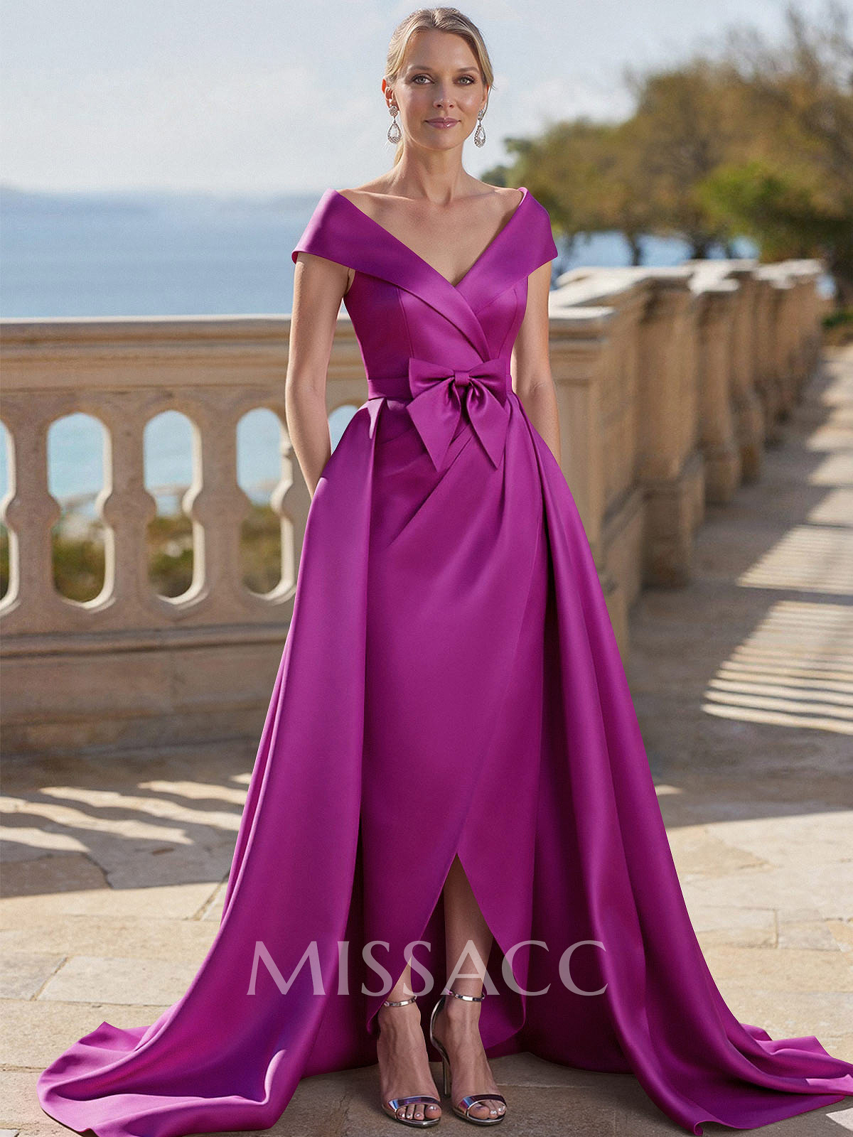 Elegant Off-The-Shoulder Sleeveless Detachable Satin Mother Of The Bride Dresses With Bow(s) Elegant Off-The-Shoulder Sleeveless Detachable Satin Mother Of The Bride Dresses With Bow(s)