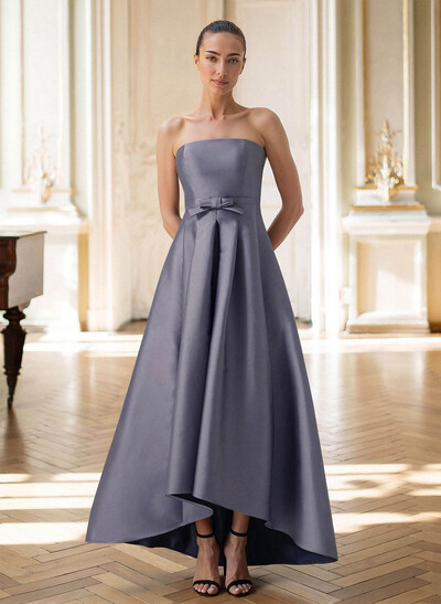 Elegant Bandeau Sleeveless A-Line Asymmetric Satin Mother Of The Bride Dress With Bow Detail