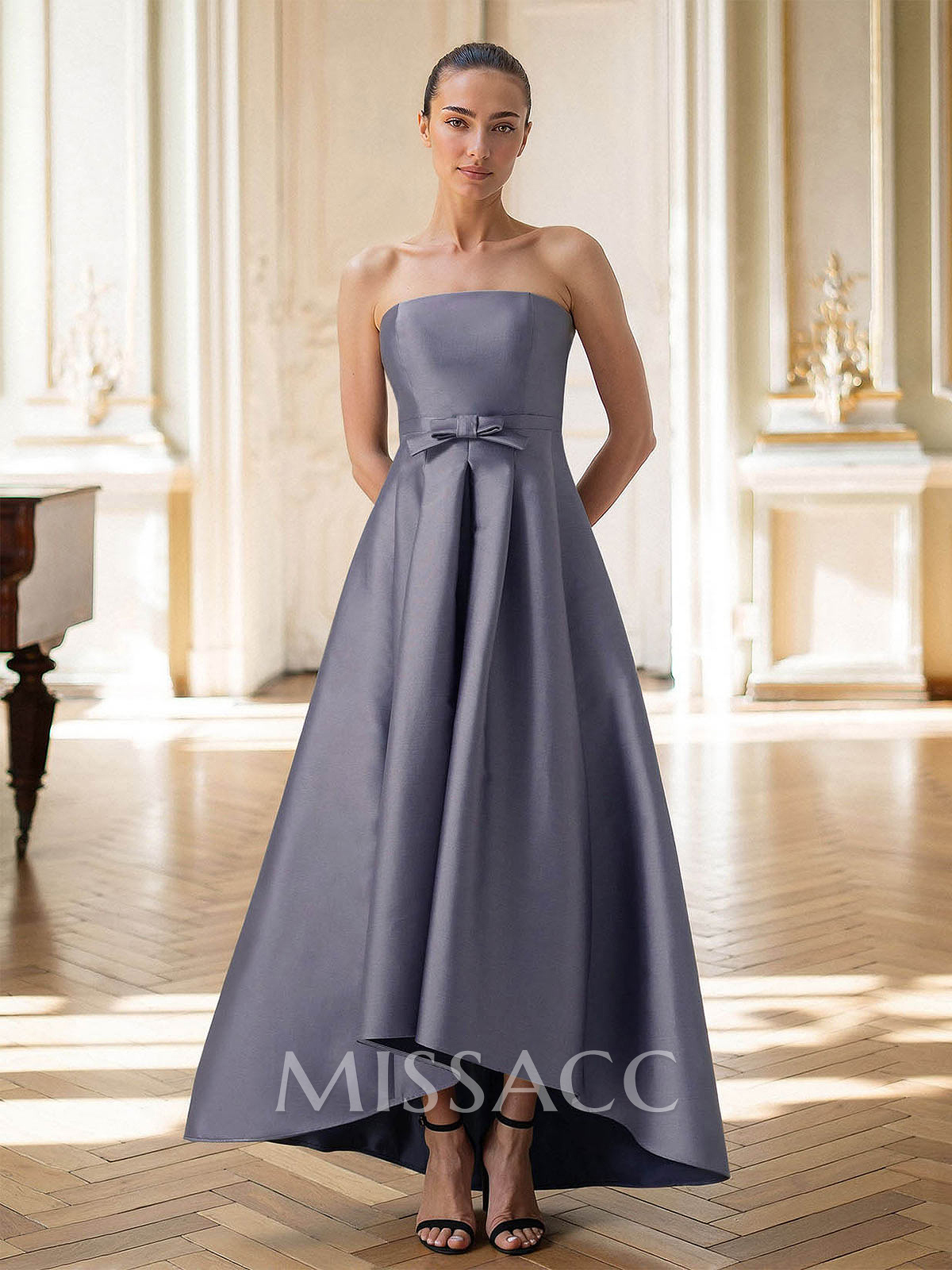 Elegant Strapless Sleeveless A-Line Asymmetrical Length Satin Mother Of The Bride Dresses With Bow(s) Elegant Strapless Sleeveless A-Line Asymmetrical Length Satin Mother Of The Bride Dresses With Bow(s)