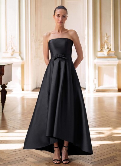 Elegant Strapless Sleeveless A-Line Asymmetrical Satin Mother Of The Bride Dress With Bow Detail