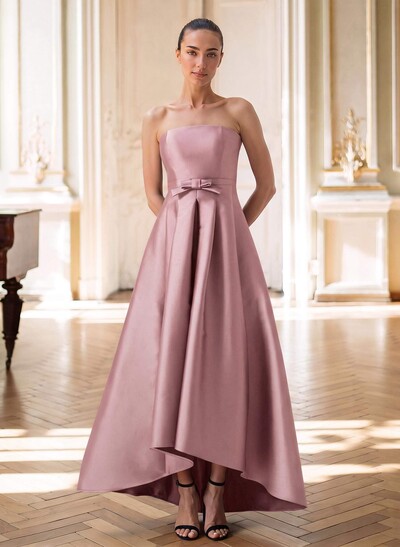 Elegant Strapless Sleeveless A-Line Asymmetrical Length Satin Mother Of The Bride Dresses With Bow(s)
