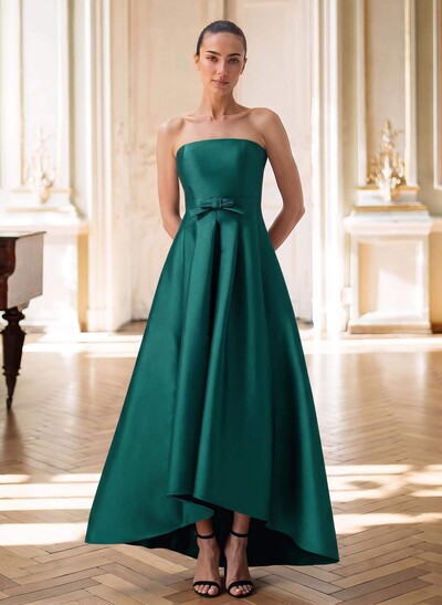 Elegant Strapless Sleeveless A-Line Asymmetrical Length Satin Mother Of The Bride Dresses With Bow(s)