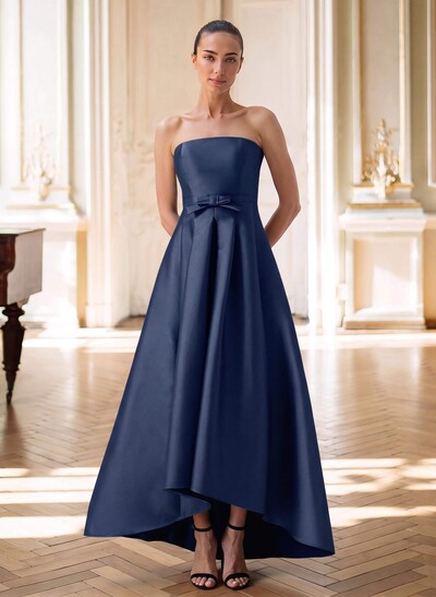 Elegant Strapless Sleeveless A-Line Asymmetrical Length Satin Mother Of The Bride Dresses With Bow(s)