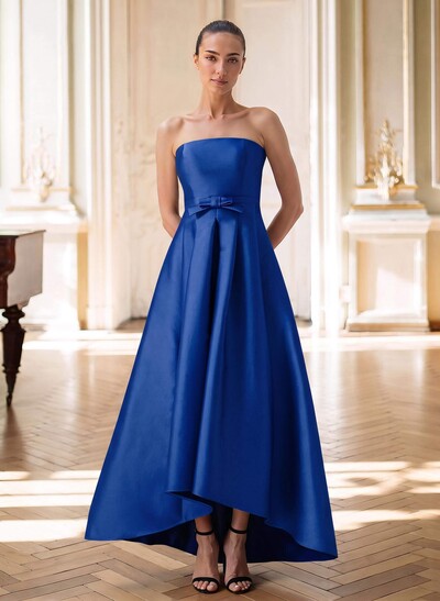 Elegant Strapless Sleeveless A-Line Asymmetrical Length Satin Mother Of The Bride Dresses With Bow(s)