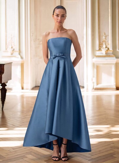 Elegant Strapless Sleeveless A-Line High-Low Satin Mother Of The Bride Dress With Bow