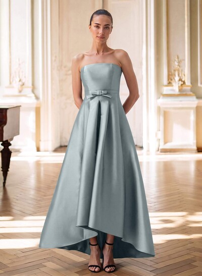 Elegant Strapless Sleeveless A-Line Asymmetrical Length Satin Mother Of The Bride Dresses With Bow(s)
