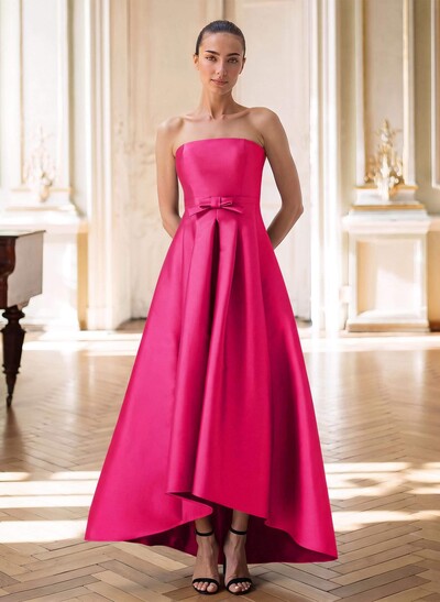 Elegant Strapless Sleeveless A-Line Asymmetrical Length Satin Mother Of The Bride Dresses With Bow(s)