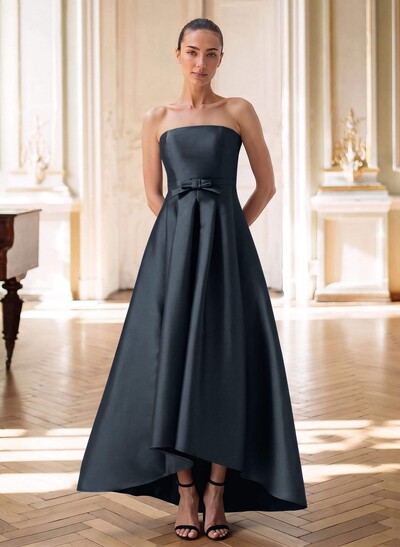 Elegant Strapless Sleeveless A-Line Asymmetrical Satin Mother Of The Bride Dress With Bow Detail