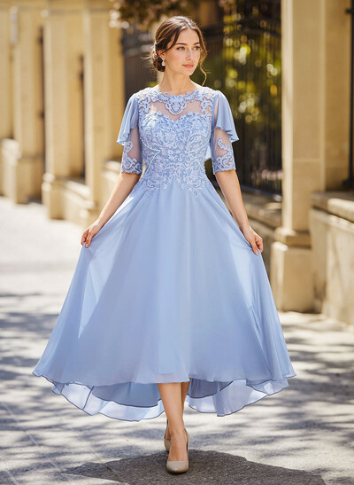 Elegant Illusion Neck 1/2 Sleeves A-Line Ankle-Length Chiffon Mother Of The Bride Dresses With Appliques Lace