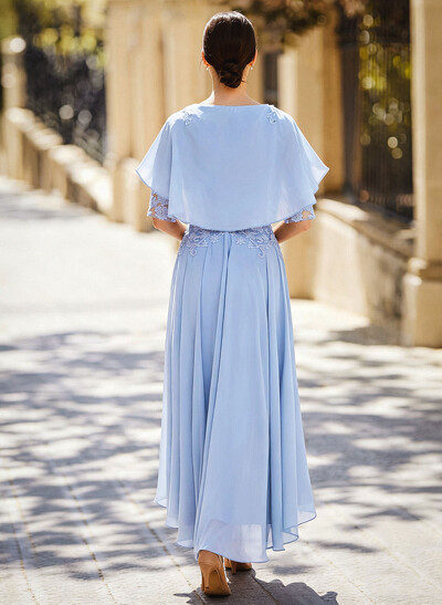 Elegant Illusion Neck 1/2 Sleeves A-Line Ankle-Length Chiffon Mother Of The Bride Dresses With Appliques Lace
