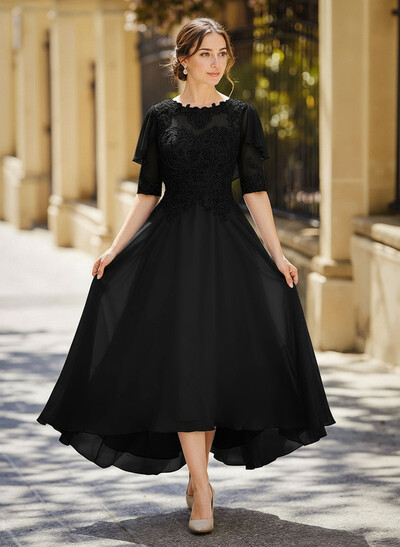 Elegant Illusion Neck 1/2 Sleeves A-Line Ankle-Length Chiffon Mother Of The Bride Dresses With Appliques Lace