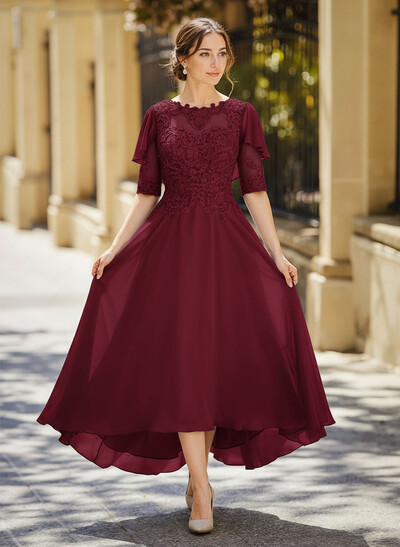 Elegant Illusion Neck 1/2 Sleeves A-Line Ankle-Length Chiffon Mother Of The Bride Dresses With Appliques Lace