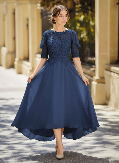 Elegant Illusion Neck 1/2 Sleeves A-Line Ankle-Length Chiffon Mother Of The Bride Dresses With Appliques Lace