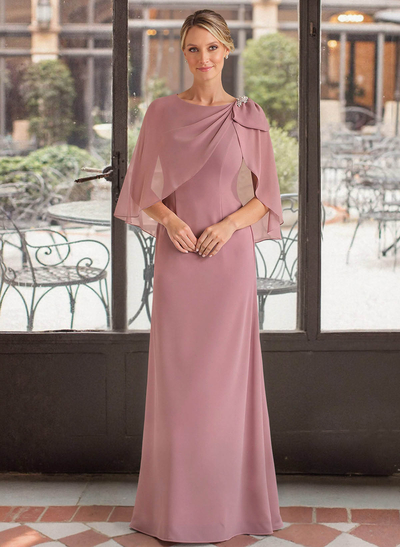 Elegant Scoop Neck Cape Sleeves Floor-Length Chiffon Mother Of The Bride Dresses With Bow(s)/Rhinestone
