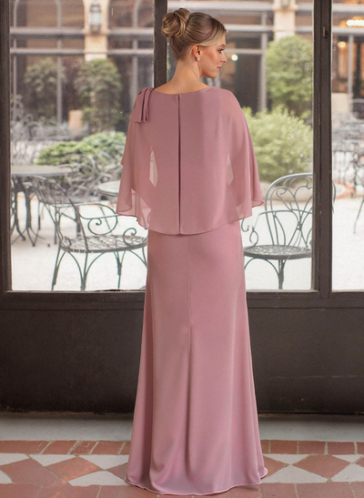 Elegant Scoop Neck Cape Sleeves Floor-Length Chiffon Mother Of The Bride Dresses With Bow(s)/Rhinestone