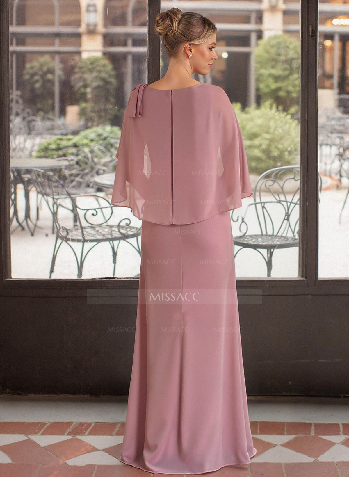 Elegant Scoop Neck Cape Sleeves Floor-Length Chiffon Mother Of The Bride Dresses With Bow(s)/Rhinestone