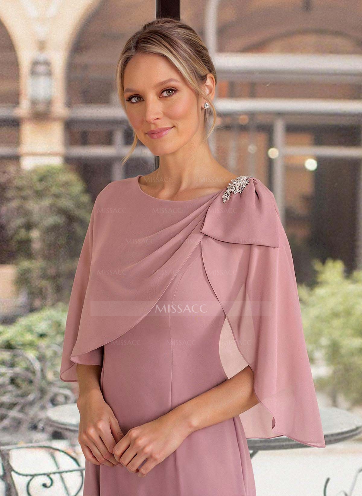 Elegant Scoop Neck Cape Sleeves Floor-Length Chiffon Mother Of The Bride Dresses With Bow(s)/Rhinestone