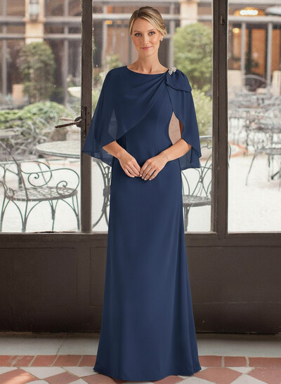 Elegant Scoop Neck Cape Sleeves Floor-Length Chiffon Mother Of The Bride Dresses With Bow(s)/Rhinestone