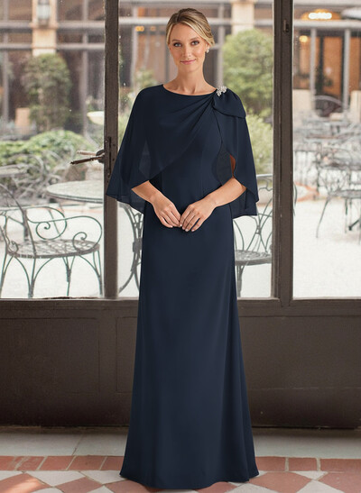 Elegant Scoop Neck Cape Sleeves Floor-Length Chiffon Mother Of The Bride Dresses With Bow(s)/Rhinestone