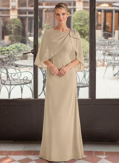 Elegant Scoop Neck Cape Sleeves Floor-Length Chiffon Mother Of The Bride Dresses With Bow(s)/Rhinestone