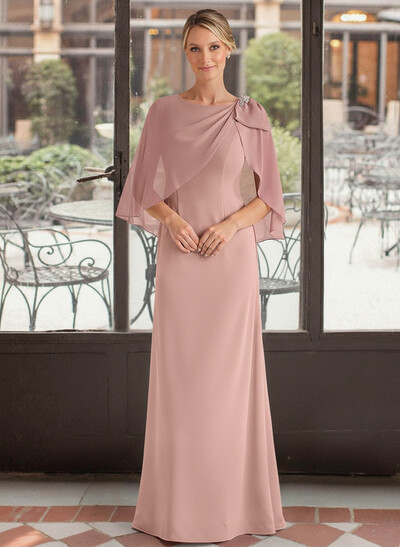 Elegant Scoop Neck Cape Sleeves Floor-Length Chiffon Mother Of The Bride Dresses With Bow(s)/Rhinestone