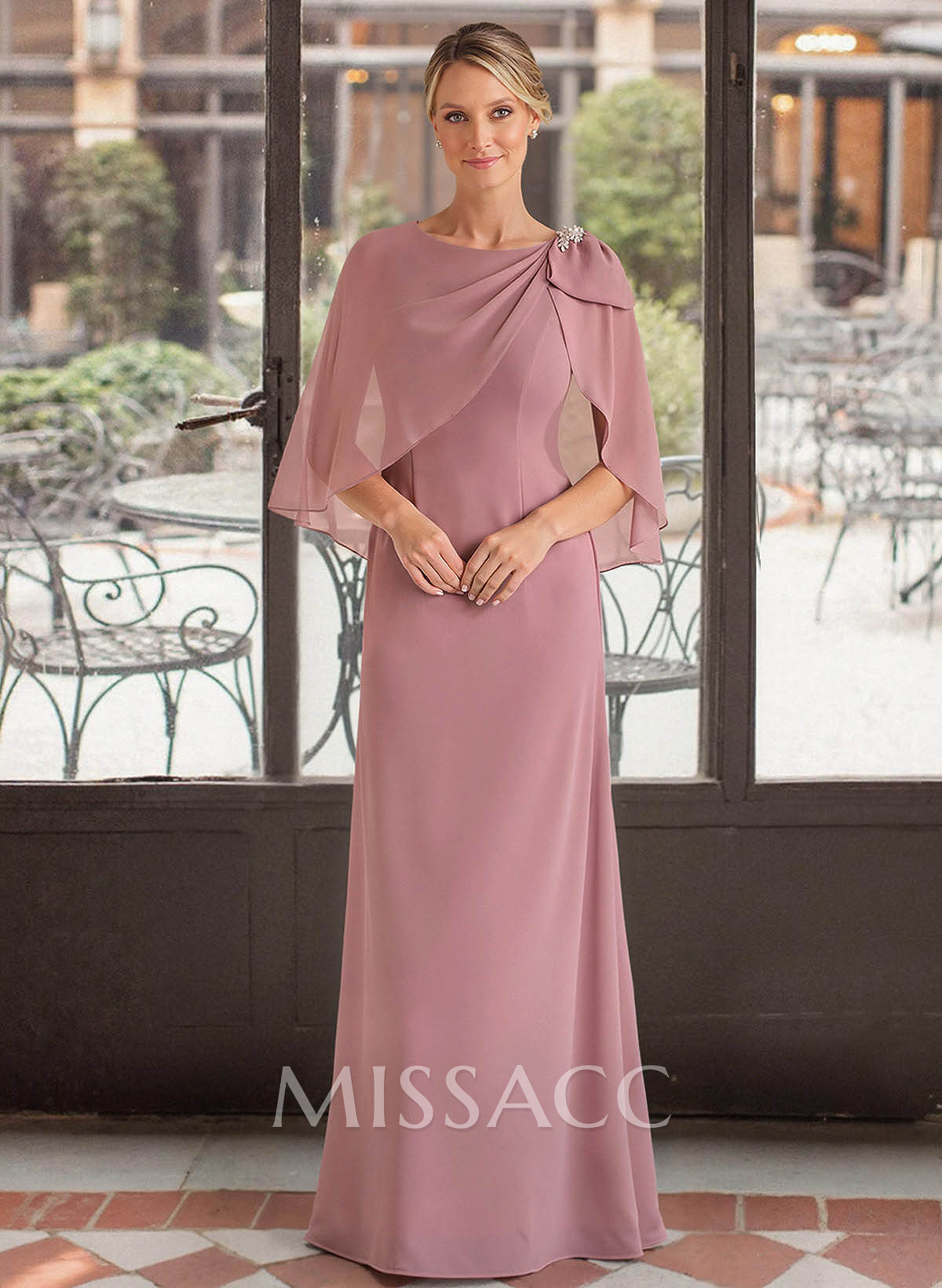 Elegant Scoop Neck Cape Sleeves Floor-Length Chiffon Mother Of The Bride Dresses With Bow(s)/Rhinestone