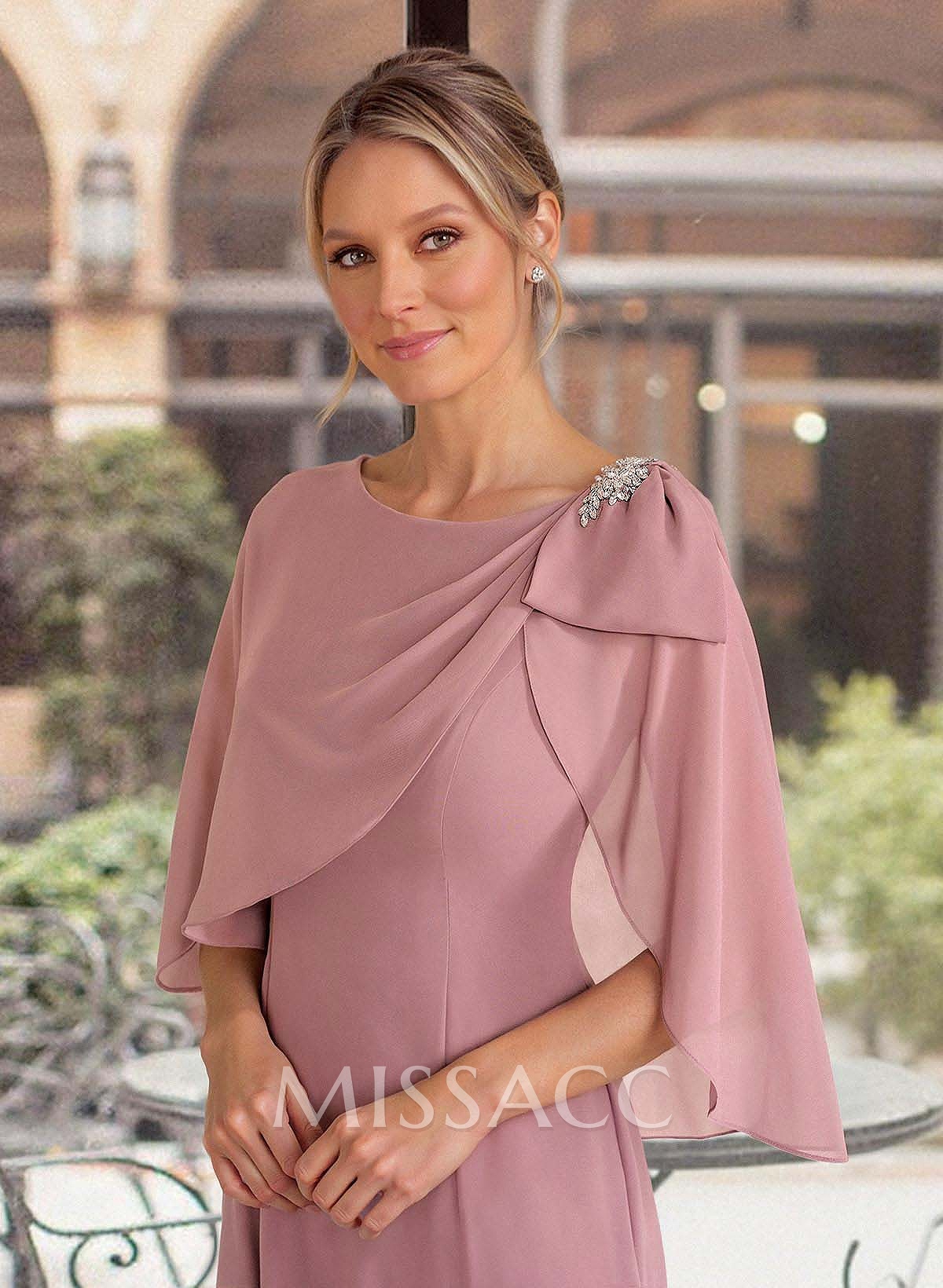 Elegant Scoop Neck Cape Sleeves Floor-Length Chiffon Mother Of The Bride Dresses With Bow(s)/Rhinestone