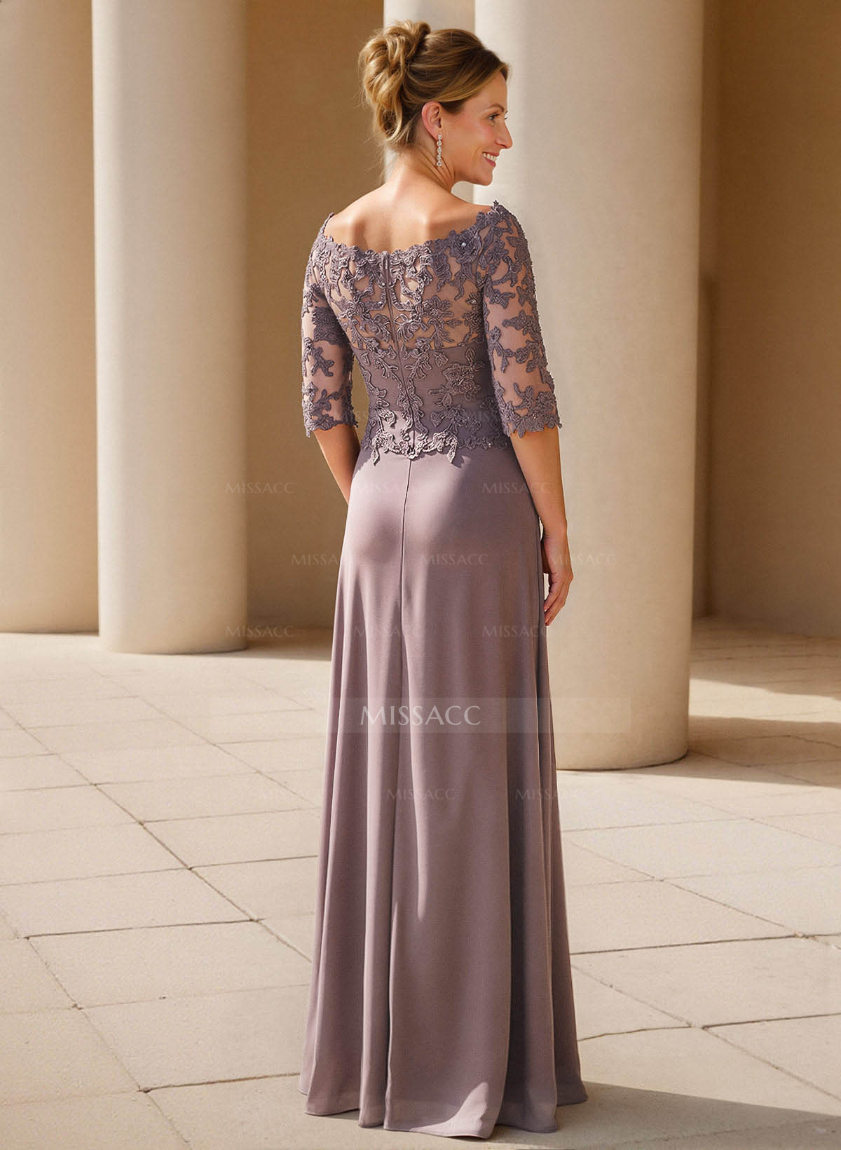 Elegant V-Neck 1/2 Sleeves Floor-Length Lace/Chiffon Mother Of The Bride Dresses With Pleated