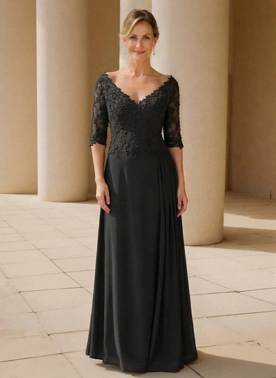 Elegant V-Neck 1/2 Sleeves Floor-Length Lace/Chiffon Mother Of The Bride Dresses With Pleated