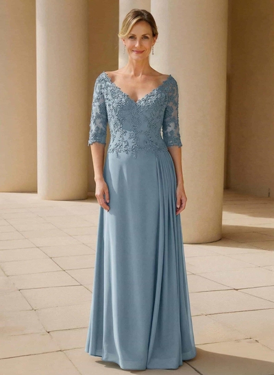 Elegant V-Neck 1/2 Sleeves Floor-Length Lace/Chiffon Mother Of The Bride Dresses With Pleated