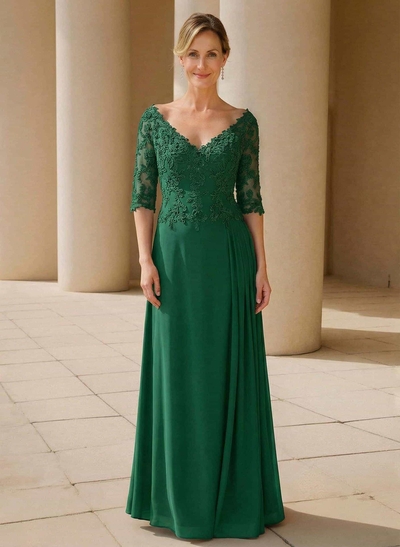 Elegant V-Neck 1/2 Sleeves Floor-Length Lace/Chiffon Mother Of The Bride Dresses With Pleated