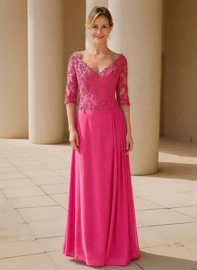 Elegant V-Neck 1/2 Sleeves Floor-Length Lace/Chiffon Mother Of The Bride Dresses With Pleated