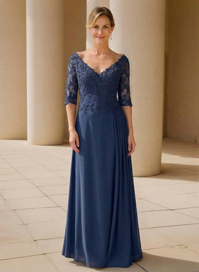 Elegant V-Neck 1/2 Sleeves Floor-Length Lace/Chiffon Mother Of The Bride Dresses With Pleated